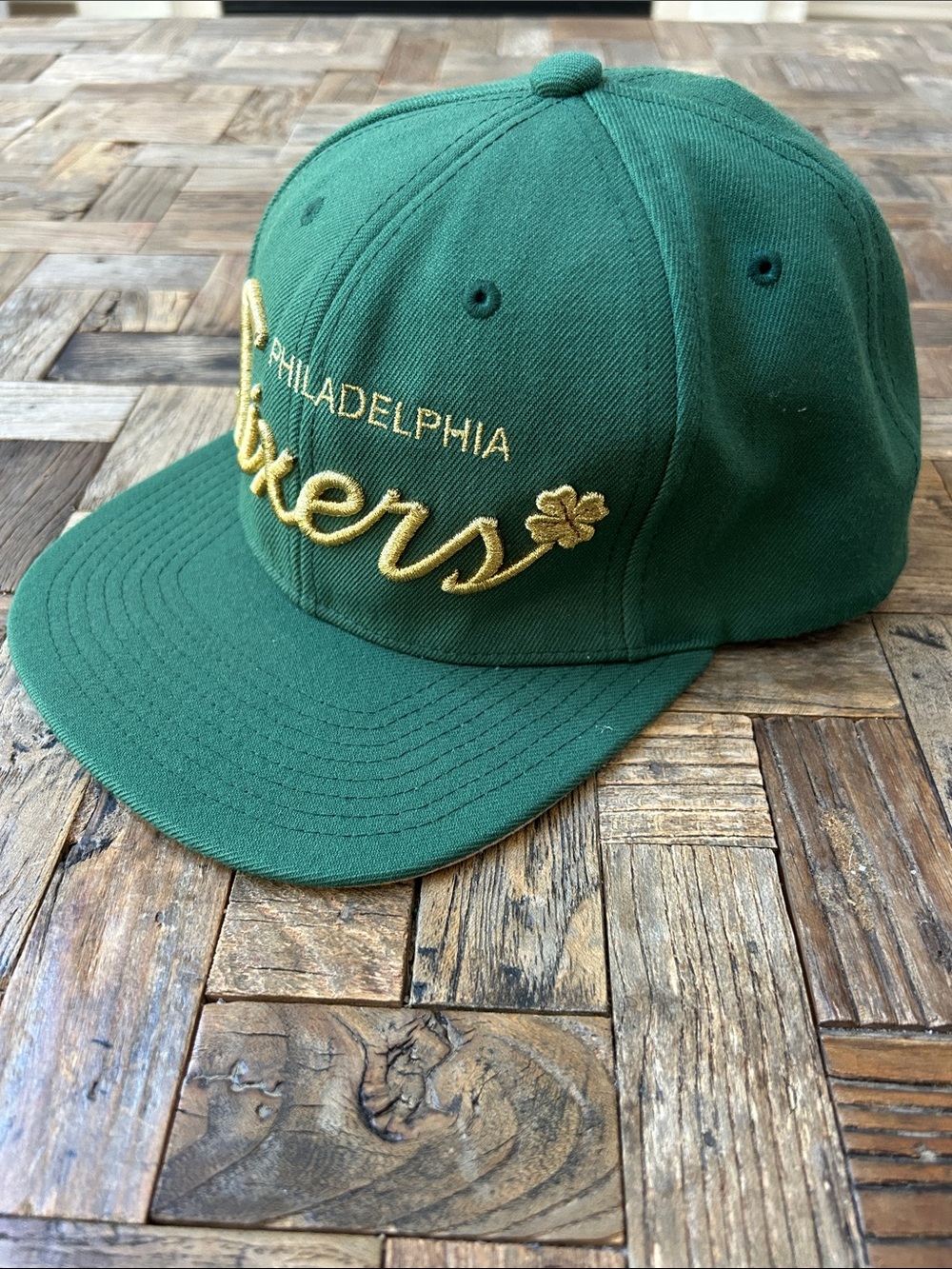 Philadelphia Sixers Green & Gold Script Clover Snapback Hat